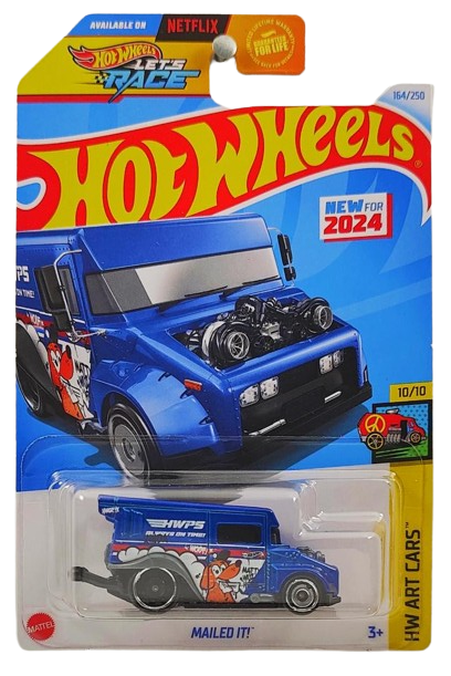 Hot Wheels 2024 - Collector # 164/250 - HW Art Cars 10/10 - New Models - Mailed It! - Blue / 'Y' on Roof - USA 'Let's Race' Card