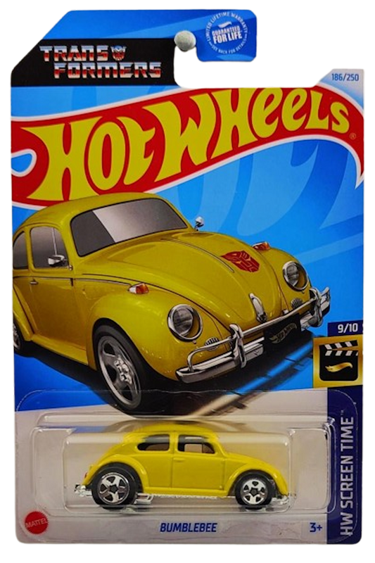 Hot Wheels 2024 - Collector # 186/250 - HW Screen Time 9/10 - Bumblebee (VW Bug) - Yellow / Transformer Logo on Front Lid - International 'Transformer' Card