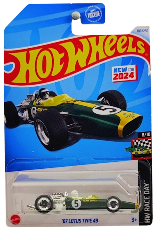 Hot Wheels 2024 - Collector # 188/250 - HW Race Day 8/10 - '67 Lotus Type 49 - Dark Green / #5 / Yellow Stripe / White Driver - USA Card