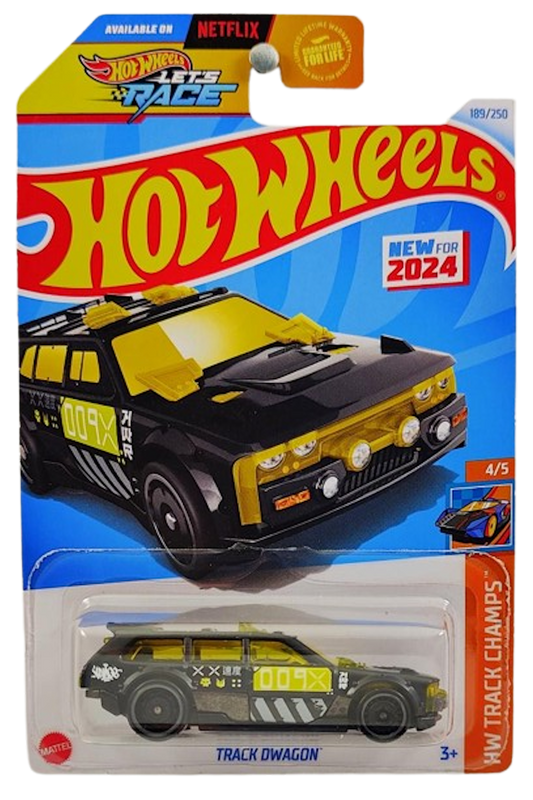 Hot Wheels 2024 - Collector # 189/250 - HW Track Champs 4/5 - New Models - Track Dwagon - Matte Black / #009X - Yellow Windows - USA 'Let's Race Card