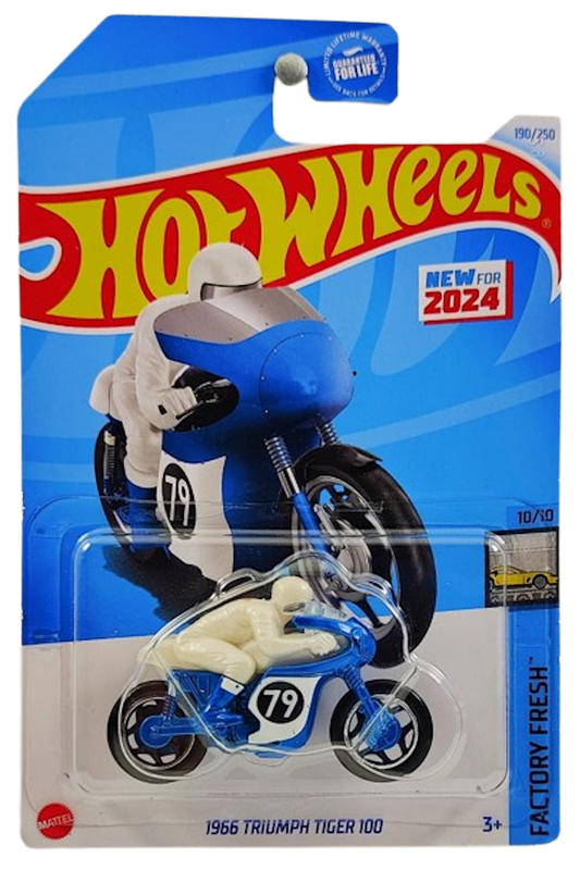 Hot Wheels 2024 - Collector # 190/250 - Factory Fresh 10/10 - New Models - 1966 Triumph Tiger 100 - Blue / #79 - USA Card