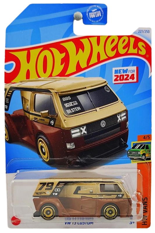 Hot Wheels 2024 - Collector # 227/250 - HW Vans 4/5 - New Models - VW T3 Custom - Gold over Brown / #79 / Various Racing Decals- USA Card