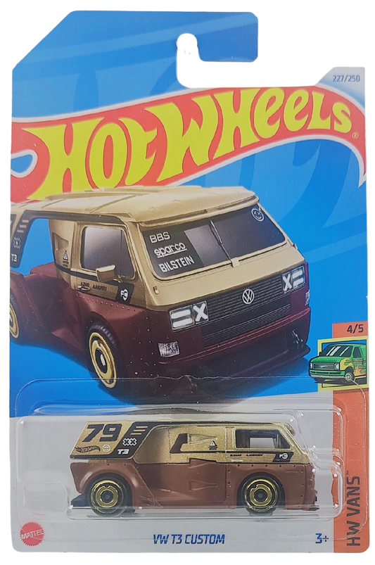Hot Wheels 2024 - Collector # 227/250 - HW Vans 4/5 - New Models - VW T3 Custom - Gold over Brown / #79 / Various Racing Decals - International Card