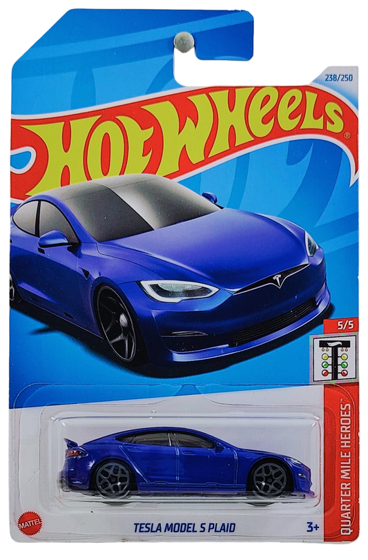Hot Wheels 2024 - Collector # 238/250 - Quarter Mile Heroes 5/5 - New Models - Tesla Model S Plaid - Blue - International Card