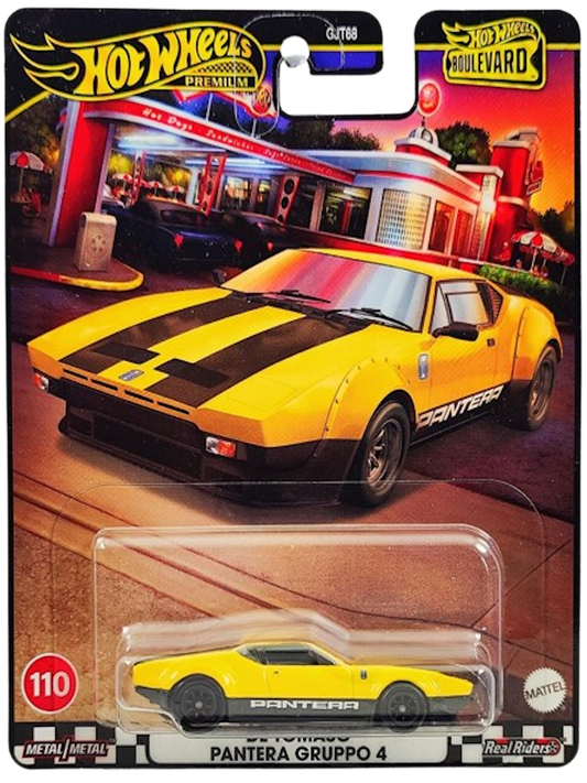 Hot Wheels 2024 - Premium / Boulevard # 110 - De Tomaso Pantera Gruppo 4 - Yellow / Black Stripes - Metal/Metal & Real Riders - Walmart Exclusive