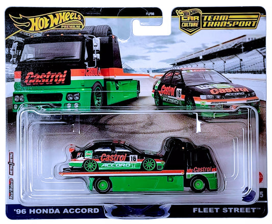 Hot Wheels 2024 - Premium / Car Culture / Team Transport # 65 - '96 Honda Accord & Fleet Street - Black & Green / Castrol Oil / #16 - Metal/Metal & Real Riders - Large Blister Card