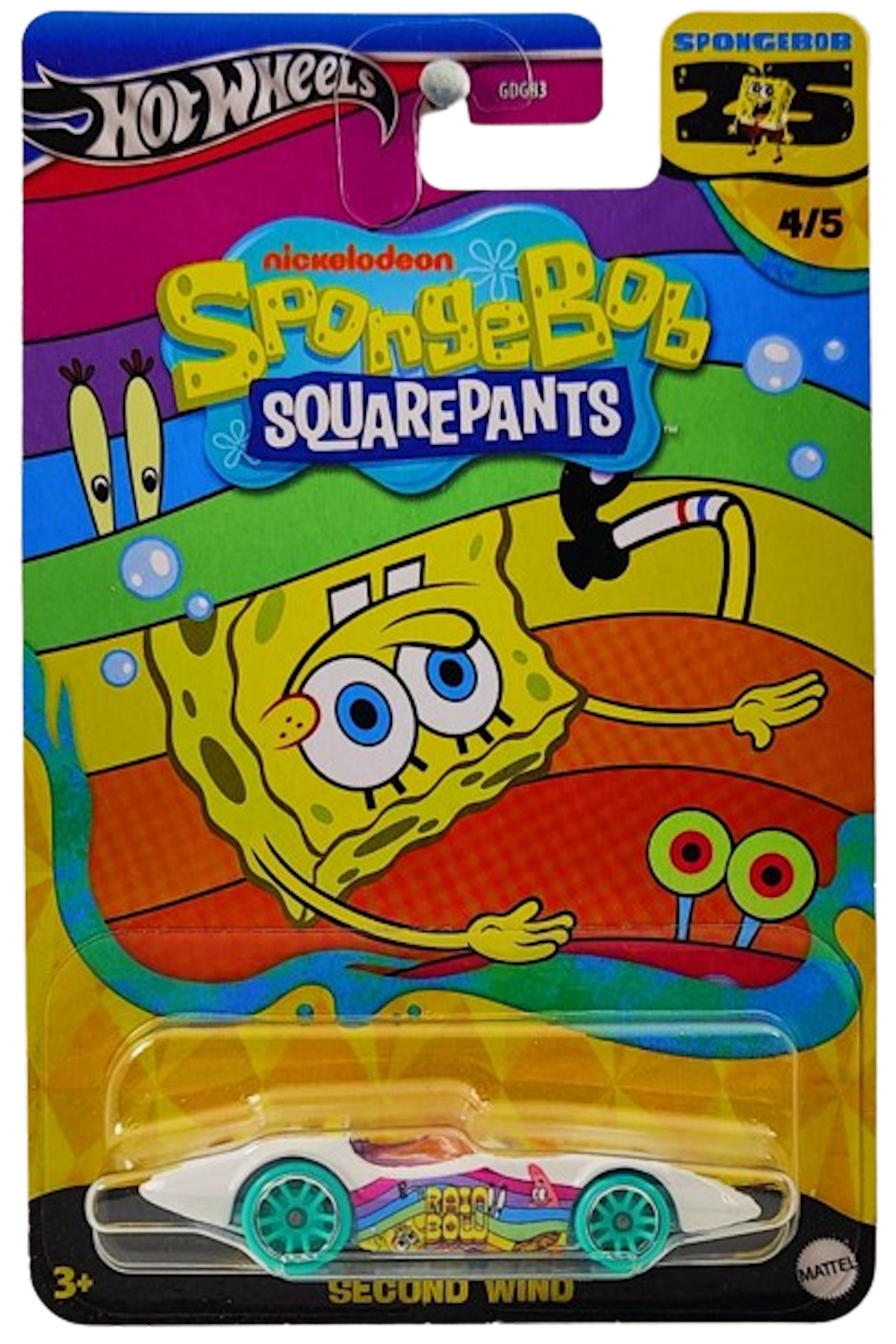 Hot Wheels 2024 - Spongebob 25th Anniversary / Nickelodeon Spongebob Squarepants 4/5 - Second Wind - White / Spongebob Rainbow - Turquoise MM5 Wheels - Metal/Metal - Walmart Exclusive Theme Series
