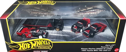 Hot Wheels 2025 - Premium Collector Set / Diorama / ADVAN - Aero Lift, Porsche 962, Nissan Skyline 2000GT-R LBWK & 1995 Toyota MR2 TRD 2000 GT - Black Vehicles with ADVAN Graphics - Metal/Metal & Real Riders - Display Box