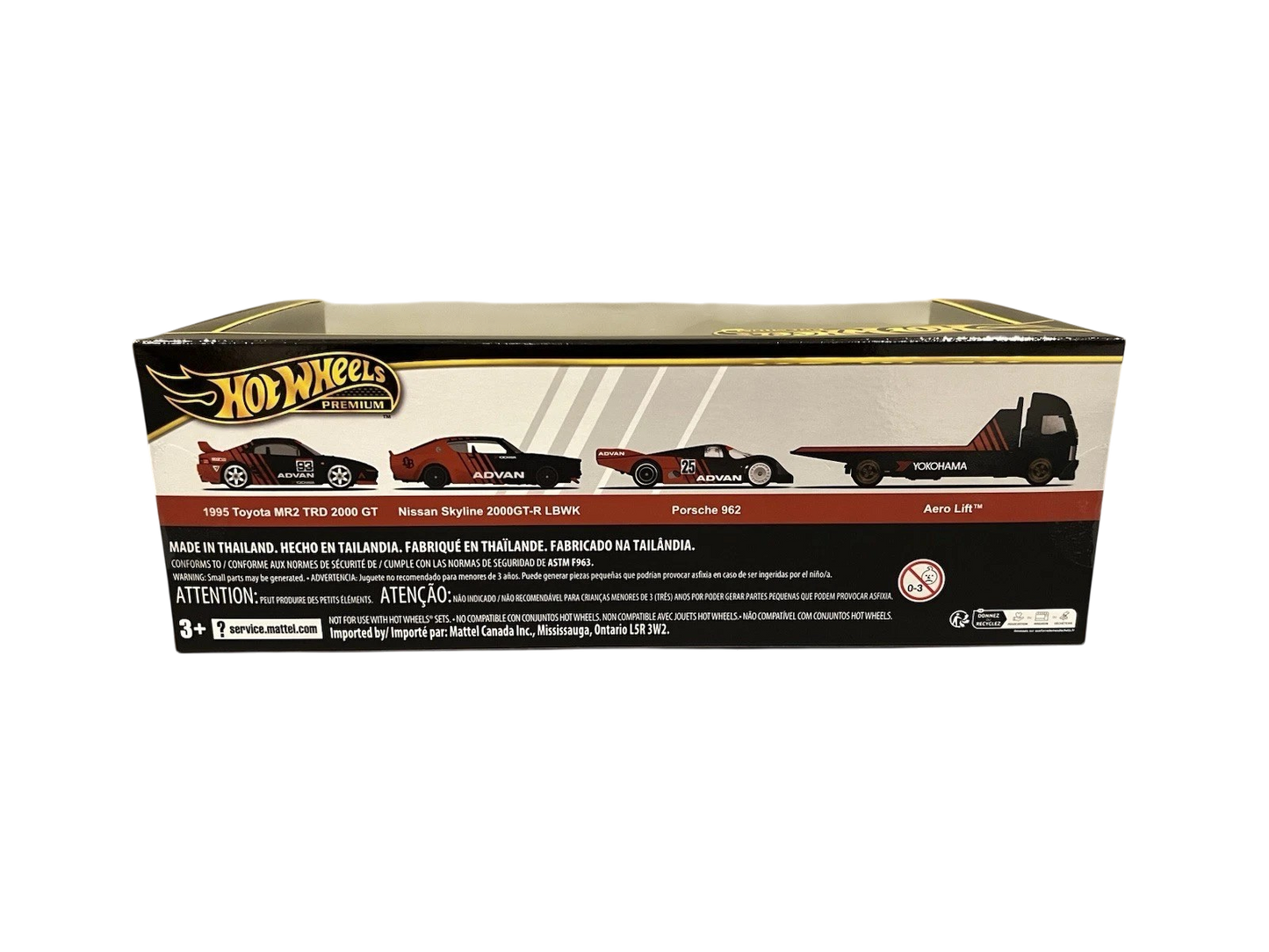 Hot Wheels 2025 - Premium Collector Set / Diorama / ADVAN - Aero Lift, Porsche 962, Nissan Skyline 2000GT-R LBWK & 1995 Toyota MR2 TRD 2000 GT - Black Vehicles with ADVAN Graphics - Metal/Metal & Real Riders - Display Box