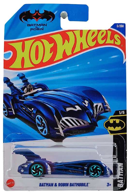 Hot Wheels 2025 - Collector # 002/250 - Batman 1/5 - Batman & Robin Batmobile - Metalflake Midnight Blue - International 'Batman & Robin' Card