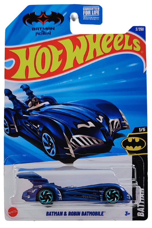 Hot Wheels 2025 - Collector # 002/250 - Batman 1/5 - Batman & Robin Batmobile - Metalflake Midnight Blue - USA 'Batman & Robin' Card