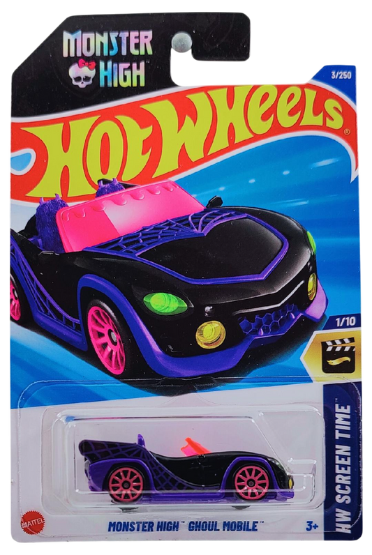 Hot Wheels 2025 - Collector # 003/250 - HW Screen Time 1/10 - Monster High Ghoul Mobile - Black - Pink 10 Spoke Wheels - International 'Monster High' Card