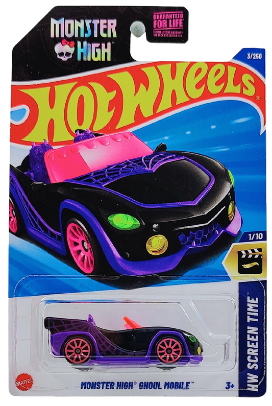 Hot Wheels 2025 - Collector # 003/250 - HW Screen Time 1/10 - Monster High Ghoul Mobile - Black - Pink 10 Spoke Wheels - USA 'Monster High' Card