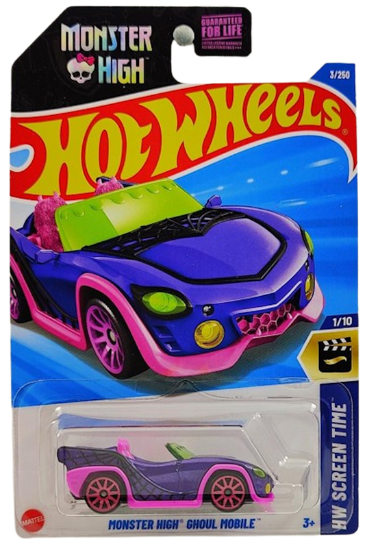 Hot Wheels 2025 - Collector # 003/250 - HW Screen Time 1/10 - Monster High Ghoul Mobile - Purple - Pink 10 Spoke Wheels - USA 'Monster High' Card