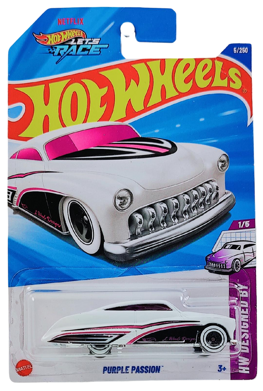 Hot Wheels 2025 - Collector # 005/250 - HW Designed By 1/5 - Purple Passion - White / 'L Wood Design' - International 'Let's Race' Card