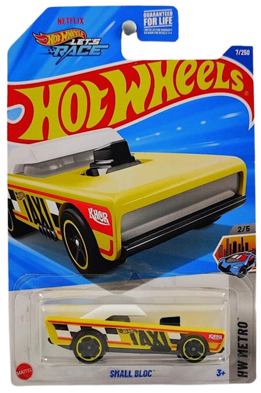 Hot Wheels 2025 - Collector # 007/250 - HW Metro 2/5 - Small Bloc - Yellow / White Roof / Taxi - USA 'Let's Race' Card