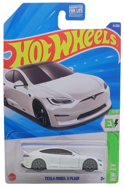 Hot Wheels 2025 - Collector # 009/250 - HW EV 1/10 - Tesla Model S Plaid - White - Gray Y5 Wheels - USA Card