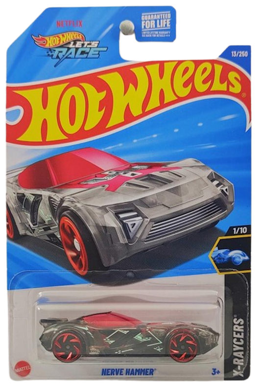 Hot Wheels 2025 - Collector # 013/250 - X-Raycers 1/10 - Nerve Hammer - Transparent / Red Windows - USA 'Let's Race' Card