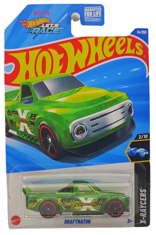 Hot Wheels 2025 - Collector # 014/250 - X-Raycers 2/10 - Draftnator - Transparent Green - USA 'Let's Race' Card