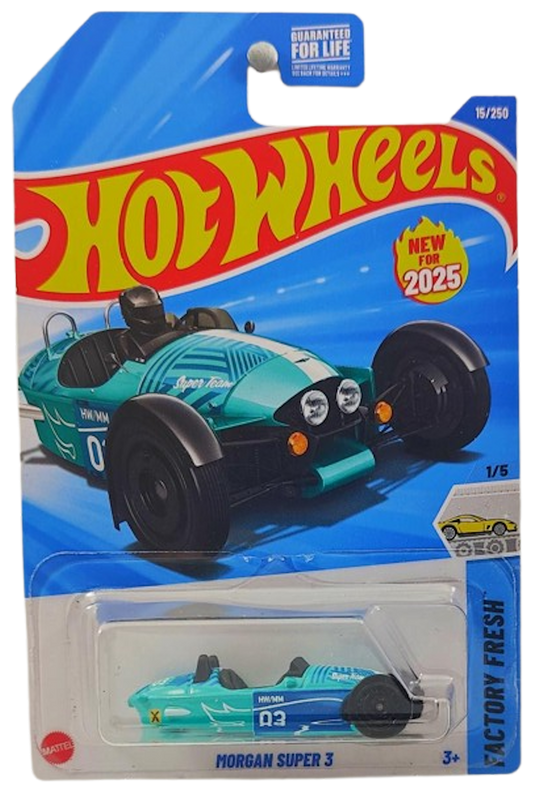 Hot Wheels 2025 - Collector # 015/250 - Factory Fresh 1/5 - New Models - Morgan Super 3 - Aqua / #03 - USA Card