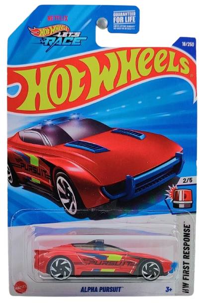 Hot Wheels 2025 - Collector # 018/250 - HW First Response 2/5 - Alpha Pursuit - Red / Pursuit - USA 'Let's Race' Card