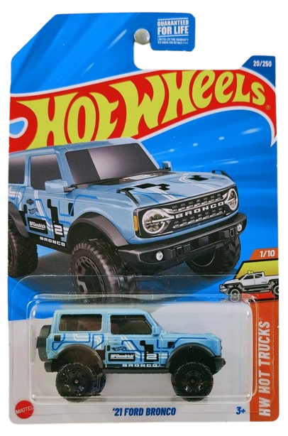 Hot Wheels 2025 - Collector # 020/250 - HW Hot Trucks 1/10 - '21 Ford Bronco - Metallic Light Blue - Kroger Exclusive - USA Card