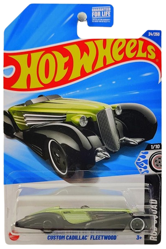 Hot Wheels 2025 - Collector # 024/250 - Rod Squad 1/10 - Custom Cadillac Fleetwood - Metalflake Green - USA Card
