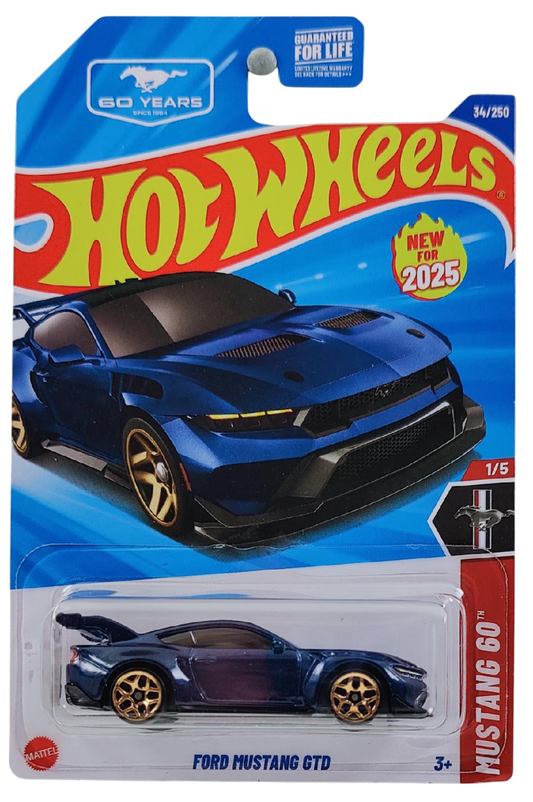 Hot Wheels 2025 - Collector # 034/250 - Mustang 60th 1/5 - New Models - Ford Mustang GTD - Metalflake Atlas Blue - USA '60 Years' Card