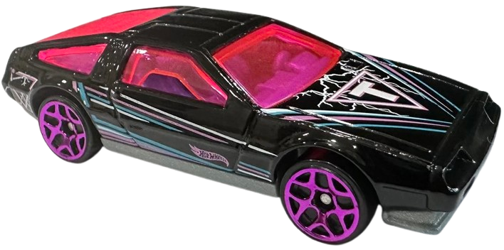 Hot Wheels 2025 - Collector # 036/250 - HW Art Cars 5/10 - DMC Delorean - Black / Multi-Colored Pinstripes / "T" on Hood - USA Card