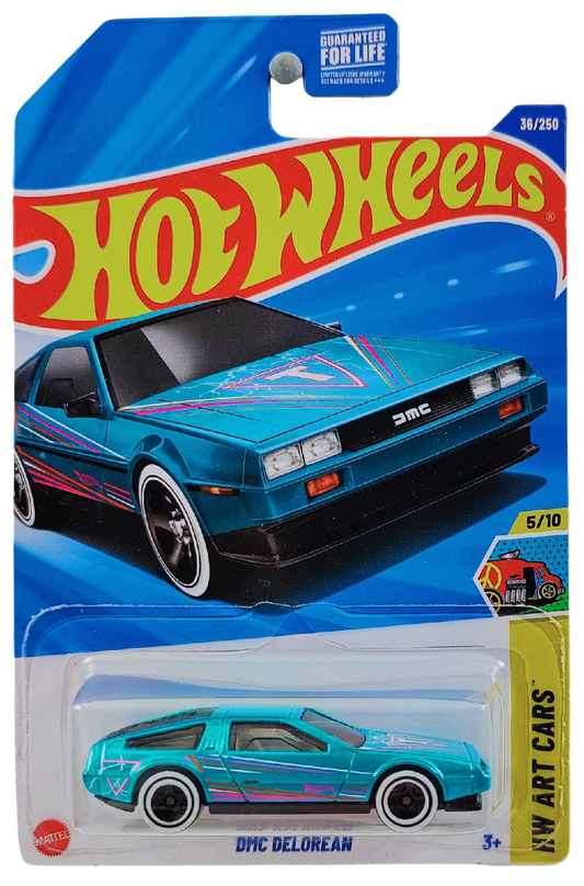 Hot Wheels 2025 - Collector # 036/250 - HW Art Cars 5/10 - DMC Delorean - Turquoise Pearl / Pink & White Pinstripes / "T" on Hood - USA Card