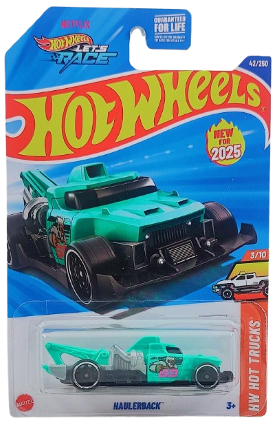 Hot Wheels 2025 - Collector # 042/250 - HW Hot Trucks 3/10 / New Models - Haulerback - Aqua - USA 'Let's Race' Card