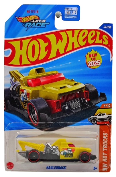 Hot Wheels 2025 - Collector # 042/250 - HW Hot Trucks 3/10 / New Models - Haulerback - Yellow - USA 'Let's Race' Card