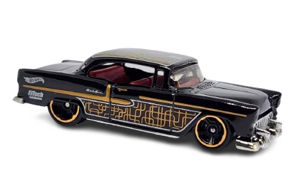 Hot Wheels 2025 - Collector # 045/250 - Rod Squad 3/10 - '55 Chevy - Black / Gold Pinstripes - USA Card