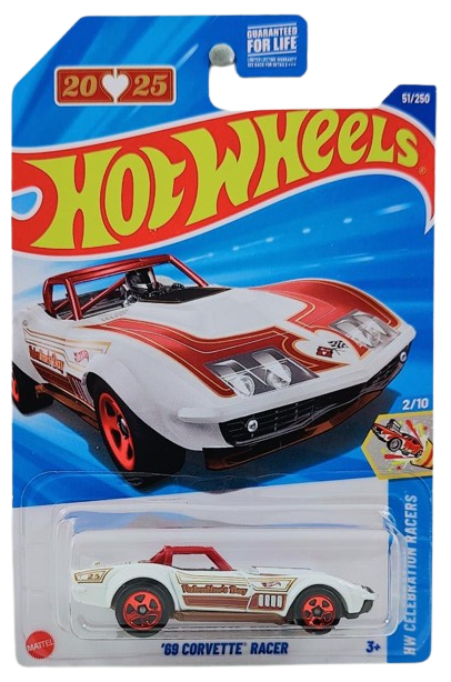 Hot Wheels 2025 - Collector # 051/250 - HW Celebration Racers 2/10 / Valentine's Day - '69 Corvette Racer - White / Red & Gold Stripes - USA Card
