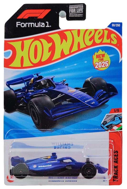 Hot Wheels 2025 - Collector # 059/250 - Track Aces 1/5 - New Models - Williams Racing - Satin Dark Blue / Racing Graphics - Black Aero Disc Wheels - USA 'Formula 1' Card