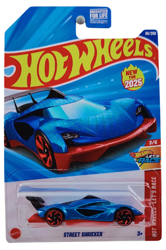 Hot Wheels 2025 - Collector # 066/250 - Hot Wheels Let's Race 3/5 - New Models - Street Shrieker - Metalflake Blue / Red Base - Red RAV6 Wheels - USA Card