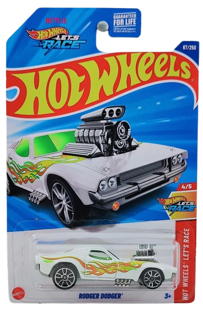 Hot Wheels 2025 - Collector # 067/250 - Hot Wheels Let's Race 4/5 - Rodger Dodger - White / Flames - USA 'Let's Race' Card