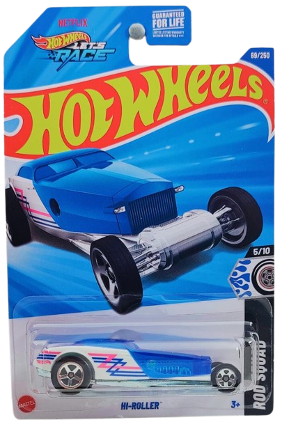 Hot Wheels 2025 - Collector # 069/250 - Rod Squad 5/10 - Hi-Roller - White Body / Transparent Blue Trunk, Roof & Hood - USA Card