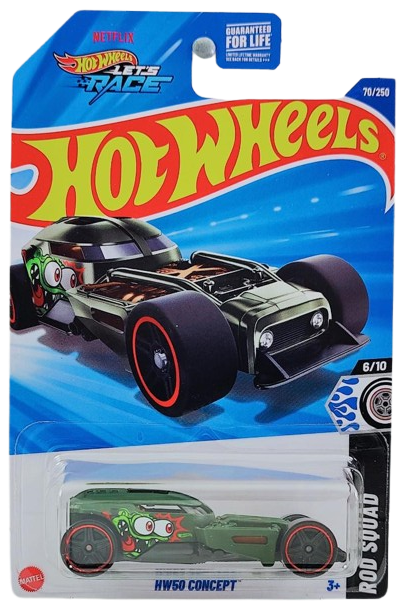 Hot Wheels 2025 - Collector # 070/250 - Rod Squad 6/10 - HW50 Concept - Olive Drab / Monster Cartoon Graphic - USA 'Let's Race' Card