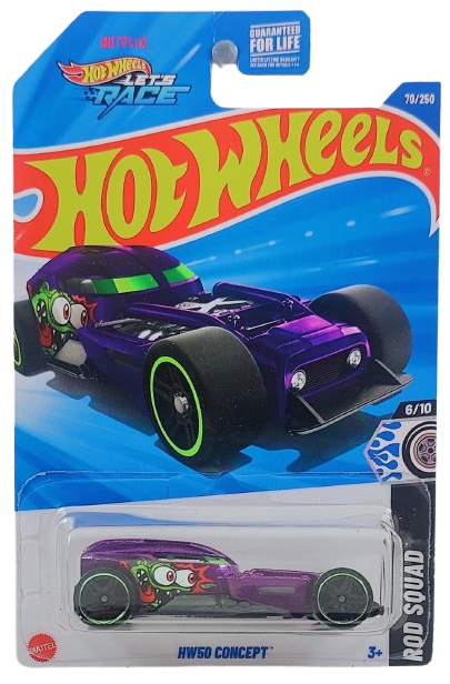 Hot Wheels 2025 Collector 070/250 Rod Squad 6/10 HW50 Concept Purple Metalflake Monster Cartoon Graphic USA 'Let's Race' Card