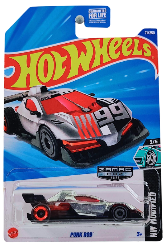 Hot Wheels 2025 - Collector # 071/250 - HW Modified 3/5 - ZAMAC 007 - Punk Rod - ZAMAC Body / #99 on Front Deck / Black Base - Walmart Exclusive - USA Card
