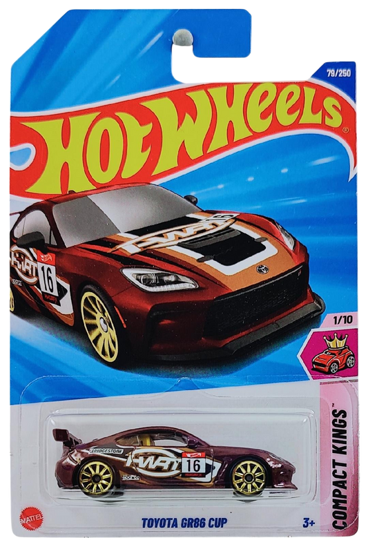Hot Wheels 2025 - Collector # 079/250 - Compact Kings 1/10 - Toyota GR86 Cup - Metalflake Dark Red / #16 - International Card