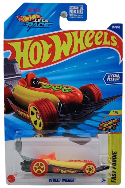 Hot Wheels 2025 - Collector # 085/250 - Fast Foodie 1/5 - Street Wiener - Biege & Orange - Orange Tires - USA 'Let's Race' Card