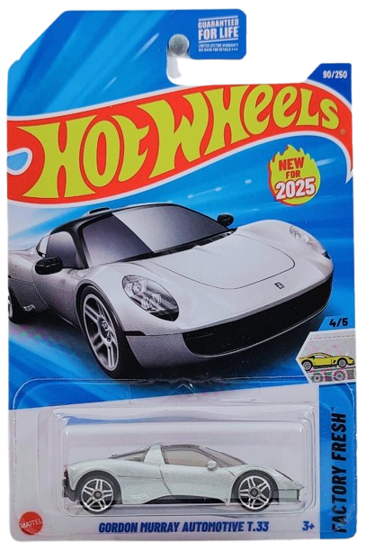 Hot Wheels 2025 - Collector # 090/250 - Factory Fresh 4/5 - New Models - Gordon Murray Automotive T.33 - Metalflake Silver - USA Card