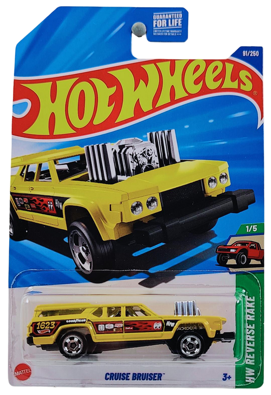 Hot Wheels 2025 - Collector # 091/250 - HW Reverse Rake 1/5 - Cruise Bruiser - Yellow with Mooneyes & other Racing Decals - USA Card