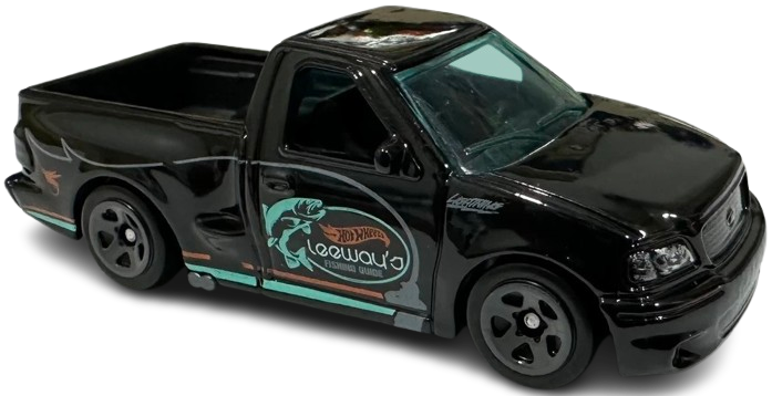 Hot Wheels 2025 - Collector # 094/250 - HW Hot Trucks 7/10 - '99 Ford F-150 SVT Lightning - Black / "Leeway's FISHING GUIDE" - USA Card