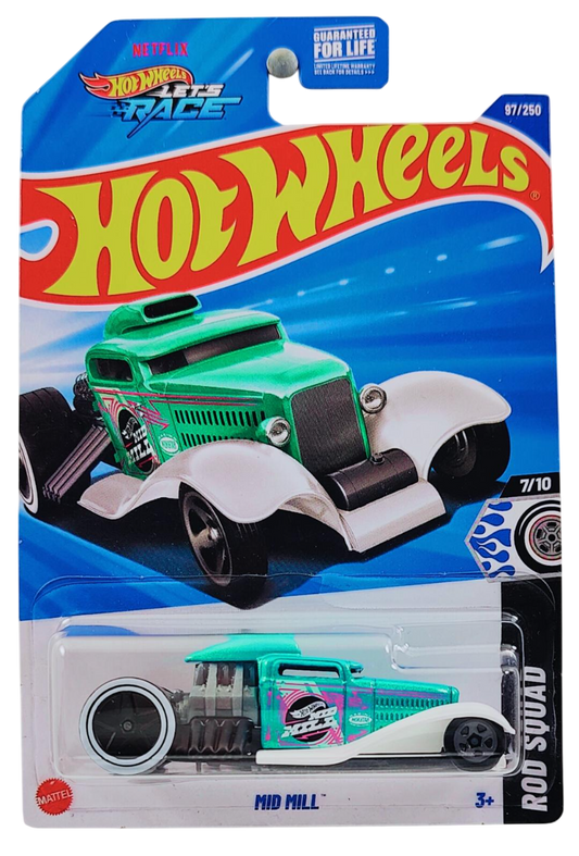 Hot Wheels 2025 - Collector # 097/250 - Rod Squad 7/10 - Mid Mill - Pearl Turquoise / "MID MILL"- USA 'Let's Race' Card