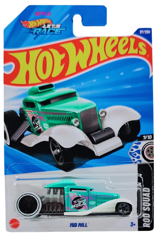 Hot Wheels 2025 - Collector # 097/250 - Rod Squad 7/10 - Mid Mill - Pearl Turquoise / "MID MILL"- International 'Let's Race' Card