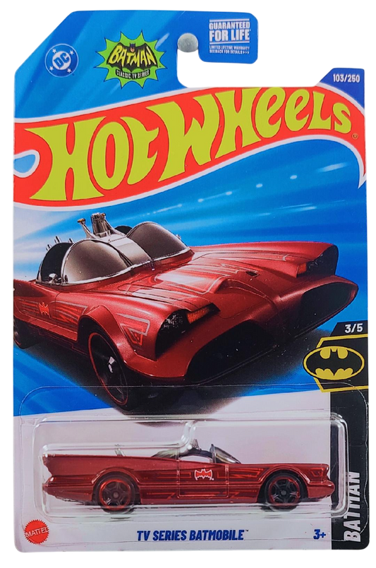 Hot Wheels 2025 - Collector # 103/250 - Batman 3/5 - TV Series Batmobile - Dark Red - USA 'DC - Batman' Card