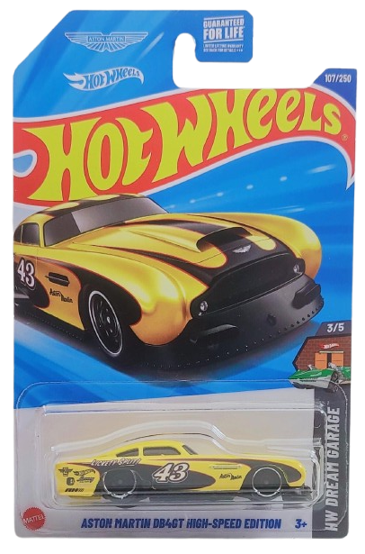 Hot Wheels 2025 - Collector # 107/250 - HW Dream Garage 3/5 - Aston Martin DB4GT High Speed Edition - Yellow / #43 / 'Lickety Split' - DD8 Wheels - USA 'Aston Martin Logo' Card